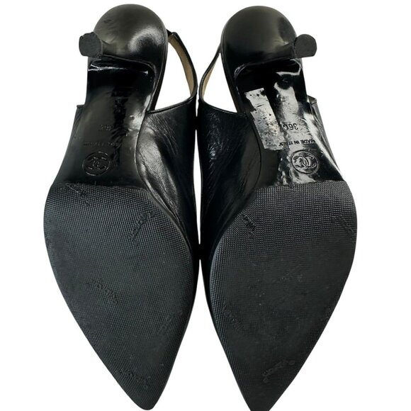 Chanel Shoes Slingback Heel Pumps Size 36/5.5 Black Leather Slip-On Pointed Toe - Picture 10 of 16
